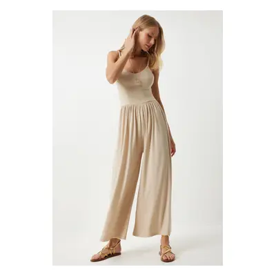 Happiness İstanbul Women's Cream Strap Wide Leg Summer Knitted Jumpsuit