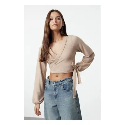 Trendyol Beige Soft Tie Detailed Long Sleeve Knitted Blouse