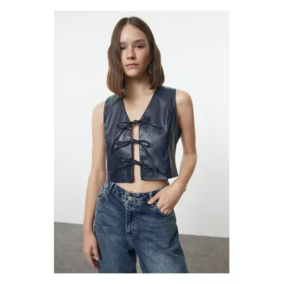 Trendyol Navy Blue Slim Faux Leather Tie Detail Crop Woven Vest