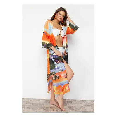 Trendyol Landscape Patterned Belted Maxi Woven Kimono & Kaftan