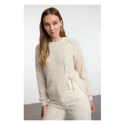 Trendyol Beige Lace and Slit Detailed Crew Neck Knitwear Sweater