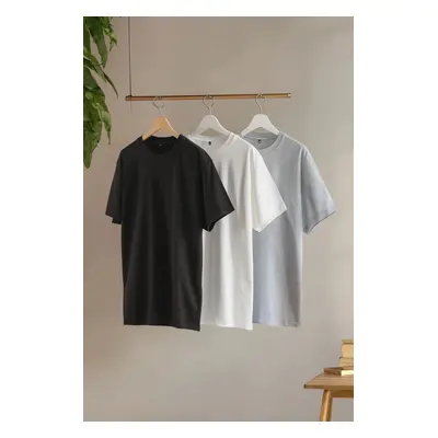 Trendyol Black-Grey-White Large Size 3-Pack Regular/Normal Cut Basic 100% Cotton T-Shirt