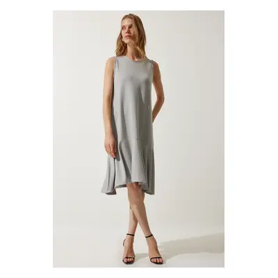 Happiness İstanbul Women's Stone Gray Crew Neck Knitted Flounce A-Line Dress