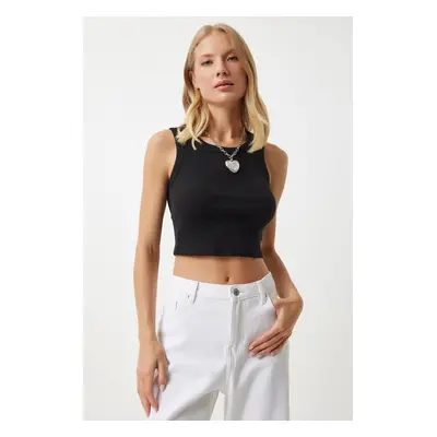 Happiness İstanbul Women's Black Barbell Neck Crop Knitted Blouse