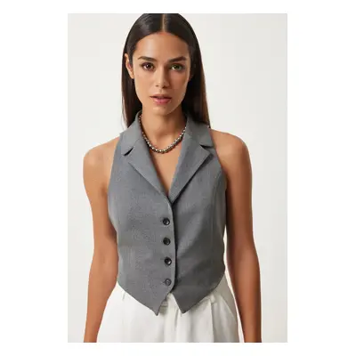 Happiness İstanbul Women's Gray Shawl Collar Woven Vest