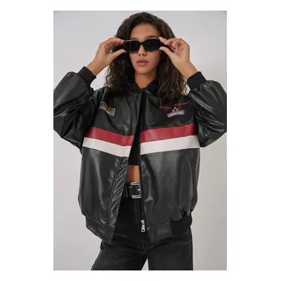 Bigdart Printed Faux Leather Bomber Jacket - Black