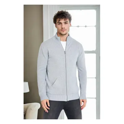 83582 Dewberry Zippered Knitwear Mens Cardigan with Pocket-LIGHT GREY