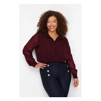 Trendyol Curve Burgundy Long Sleeve Buttoned Chiffon Woven Plus Size Shirt