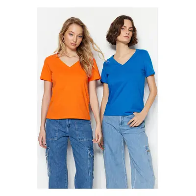 Trendyol Orange-Sax 100% Cotton 2-Pack Basic V-Neck Knitted T-Shirts