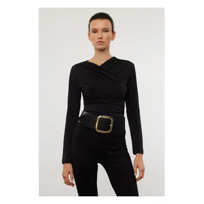 Trendyol Black Drape Detailed Fitted Long Sleeve Stretchy Knitted Blouse