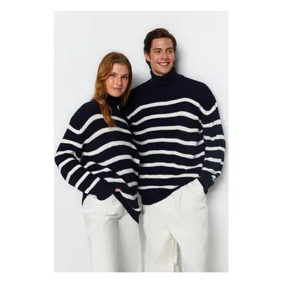 Trendyol Navy Blue Casual Unisex Oversize Fit Wide Pattern Striped Knitwear Sweater