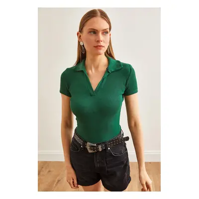 Olalook Women's Emerald Green Polo Collar Knitted Blouse