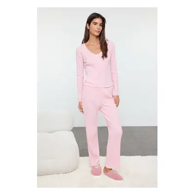 Trendyol Pink Lace and Ribbon/Bow Detail Ribbed Knitted Pajama Set