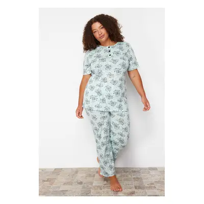 Trendyol Curve Mint Buttoned Flower Patterned Knitted Pajamas Set