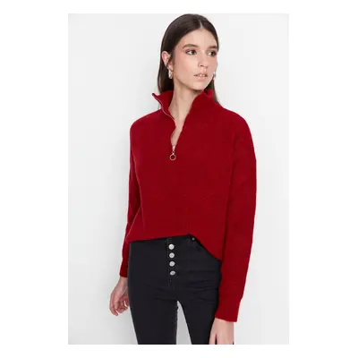 Trendyol Red Soft Textured Zipper Knitwear Sweater