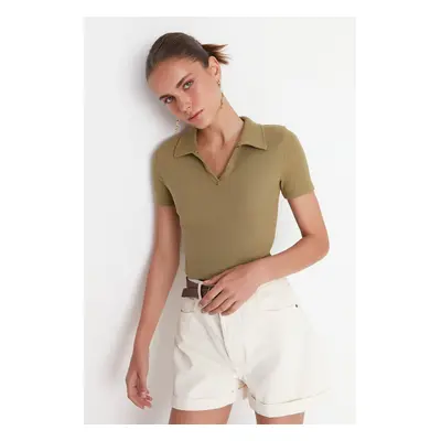 Trendyol Khaki Fitted Crop Polo Neck Corduroy Knitted Blouse with a Stretch