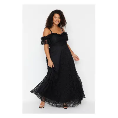 Trendyol Curve Black Strap A-Line/Flared Lace Long Evening Dress/Graduation/Engagement/Evening D