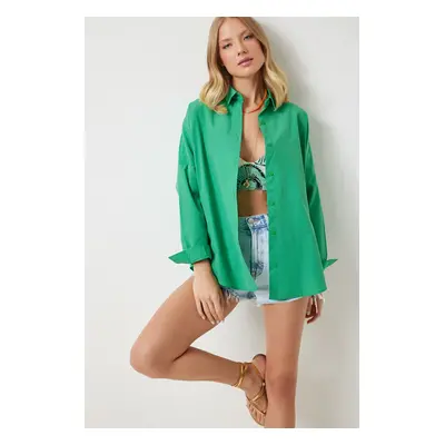 Happiness İstanbul Women's Green Oversize Long Basic Shirt