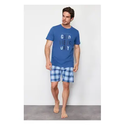 Trendyol Indigo Plaid Regular Fit Knitted Pajama Set with Shorts