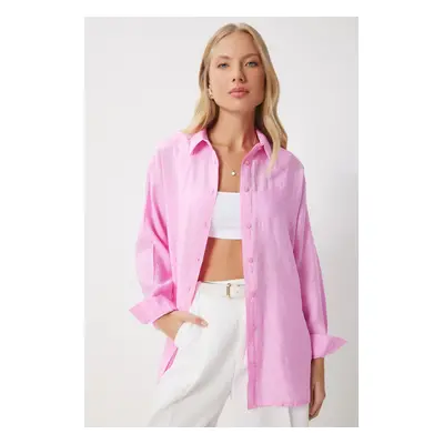 Happiness İstanbul Women's Pink Oversize Long Linen Ayrobin Shirt