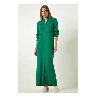 Happiness İstanbul Women's Green Zipper Collar Ribbed Long Knitwear Dress