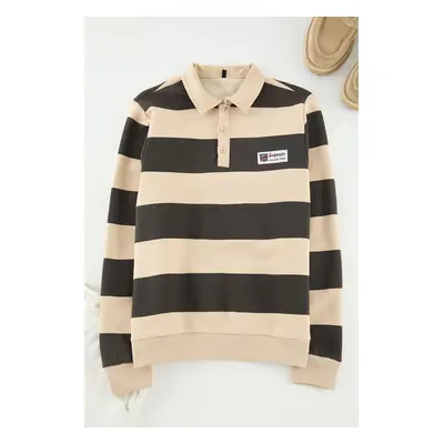 Trendyol Mink Regular/Normal Cut Polo Collar Striped Polar Fleece Inside Cotton Sweatshirt