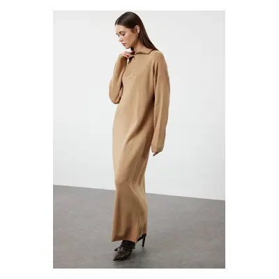 Trendyol Camel Comfortable Fit Basic Knitwear Dress with Zipper Collar