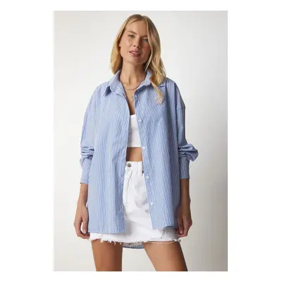 Happiness İstanbul Women's Sky Blue Striped Oversize Long Basic Shirt