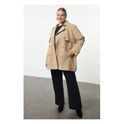 Trendyol Curve Beige Regular Fit Belted Technical Fabric Trench Coat