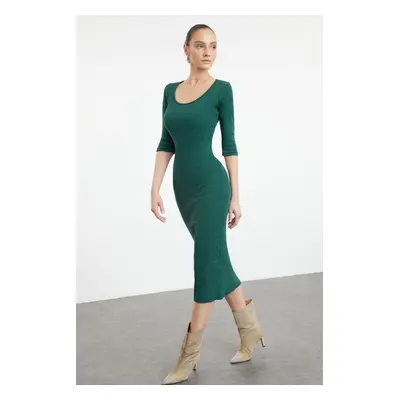 Trendyol Emerald Green Fitted Long Sleeve Crew Neck Maxi Stretchy Knitted Dress