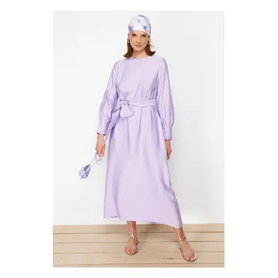 Trendyol Lilac Wide Belted Zipper Cuff Woven Linen Look Dress