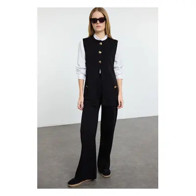 Trendyol Black Wide Cut Button Detailed Vest-Pants Knitwear Bottom-Top Set