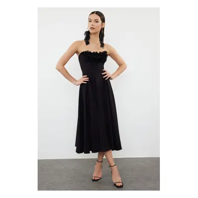 Trendyol Black A-Cut Floral Appliqued Woven Elegant Evening Dress