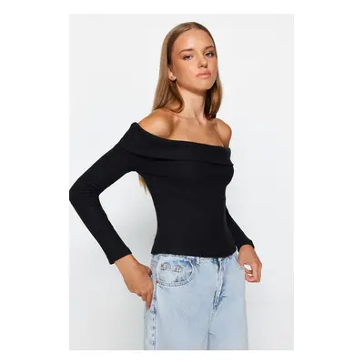 Trendyol Black Knitwear Look Carmen Collar Fitted Crop Knitted Madonna Collar Blouse