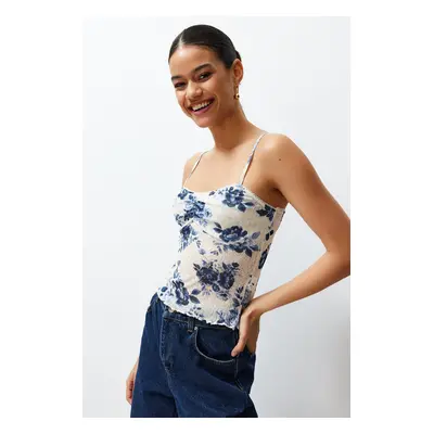 Trendyol Blue Floral Printed Adjustable Straps Special Textured Strappy Flexible Knitted Blouse