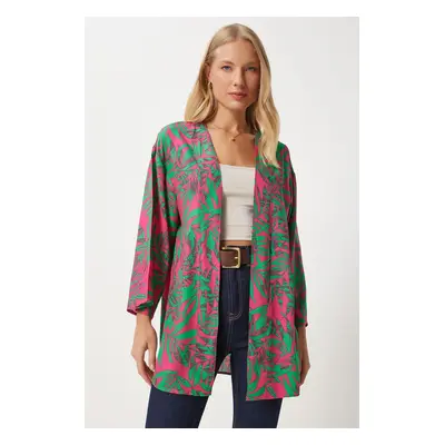 Happiness İstanbul Women's Pink Green Patterned Viscose Kimono