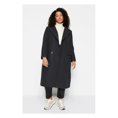 Trendyol Curve Black Regular Fit Pocket Flap Herringbone Patterned Cashmere Coat