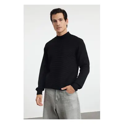 Trendyol Black Slim Fit Half Turtleneck Textured Knitwear Sweater