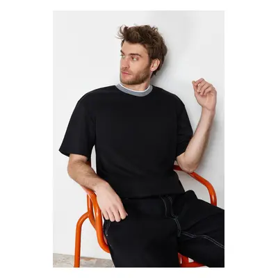 Trendyol Limited Edition Black Oversize/Wide Cut Knit Banded Textured Pique T-Shirt