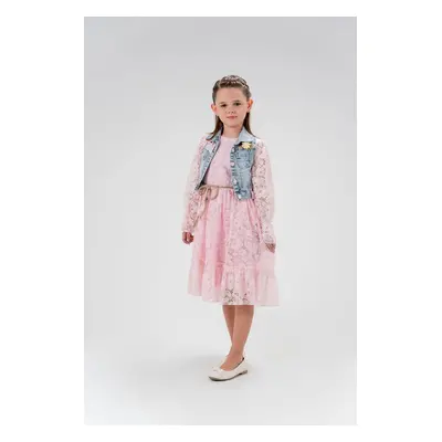 Trendyol Girl's Pink Lace Detailed Denim Vest Belted Long Sleeve Dress Set Suit