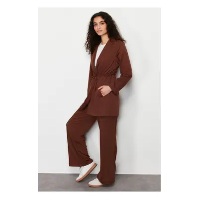 Trendyol Brown Belted Pocket Detailed Knitted Top and Bottom Set