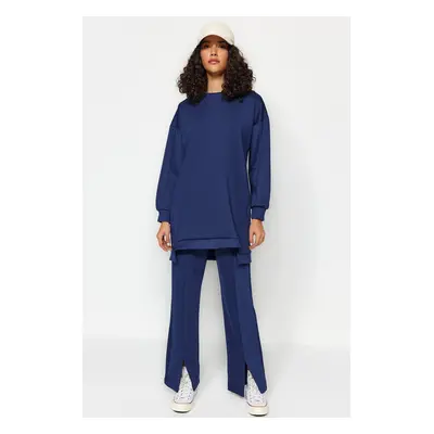 Trendyol Navy Blue Oversize Slit Detailed Scuba Tunic-Pants Knitted Bottom-Top Set