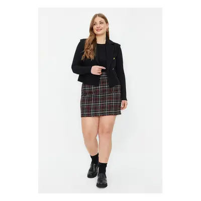 Trendyol Curve Black Plaid / Checkered Pencil Tweed Woven Plus Size Skirt