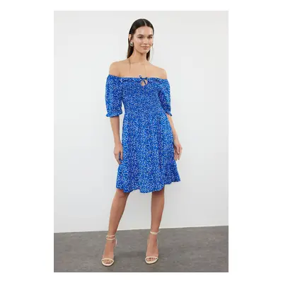 Trendyol Blue Floral Patterned Madonna Collar Viscose Woven Dress with Skirt Opening at the Wais