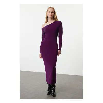 Trendyol Plum Plain Asymmetrical Collar Detailed Fitted Flexible Maxi Knitted Dress