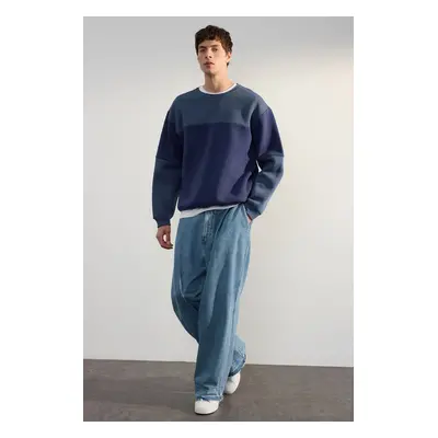 Trendyol Navy Blue Oversize/Wide Cut Color Block Fleece Inside Basic Sweatshirt