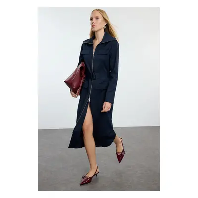 Trendyol Navy Blue Zippered Pocket Detailed Gabardine Fabric Midi Woven Shirt Dress