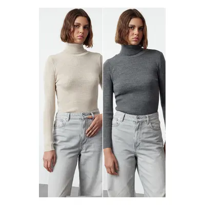 Trendyol Anthracite-Beige Double Pack Knitted Sweater