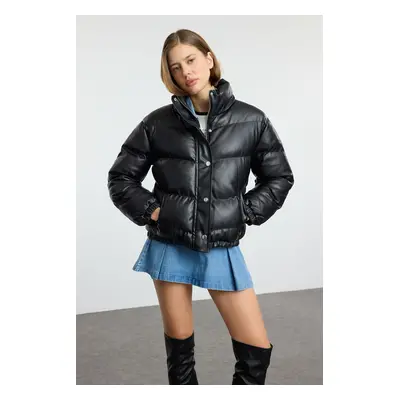 Trendyol Black Oversize Faux Leather Puffer Jacket