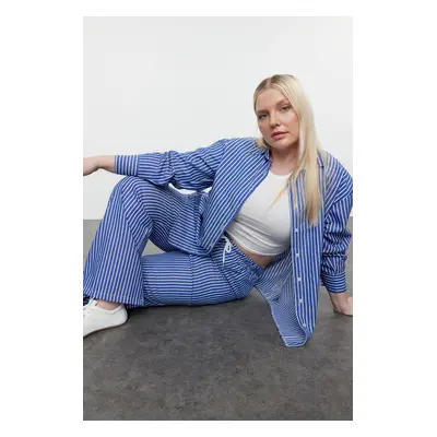 Trendyol Curve Navy Blue-White Striped Woven Plus Size Shirt-Pants Bottom-Top Set